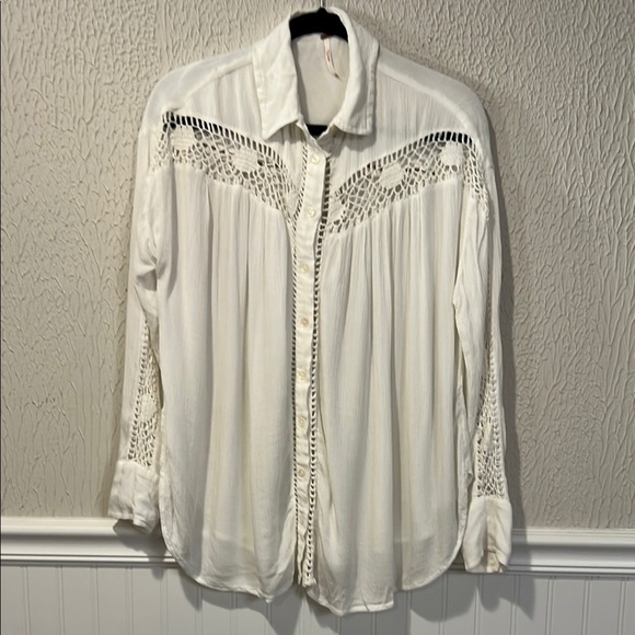 Free People Katie Bird White Lace Inlet long sleeve button down top size XS - Picture 4 of 16